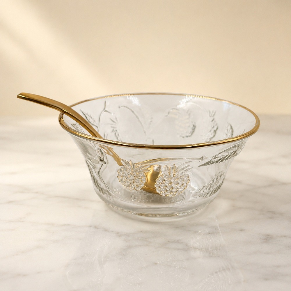 Vintage Arcopal France Raspberry Glass Jam Bowl Gold Rim with Spoon Clear 5in